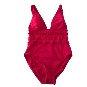 Mimi Flamingo Womens One Piece Swimsuit Pink Ruffle V-Neck 900050231 DEFECT Sz 8